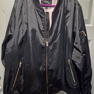 Lane Bryant Satin Black Bomber Jacket with Gold Accents